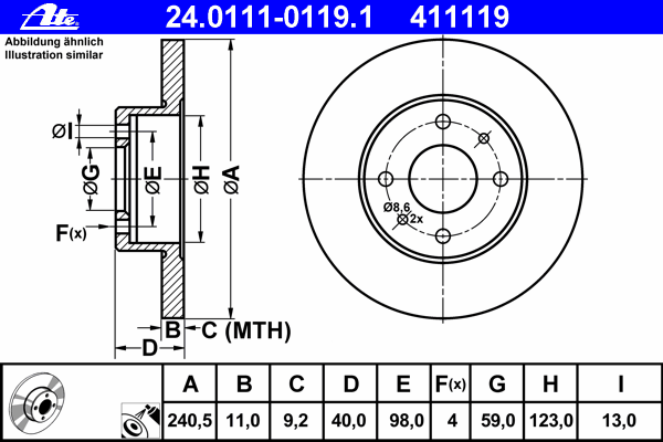 Диск тормозной (задний/передний) Fiat Panda 03-/Ford Ka 08- (240.5x11)