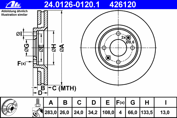 Диск тормозной (передний) Citroen Berlingo/С3/С4/С5/Peugeot 207/308 02- (283x26) (с покр.) (вент.)